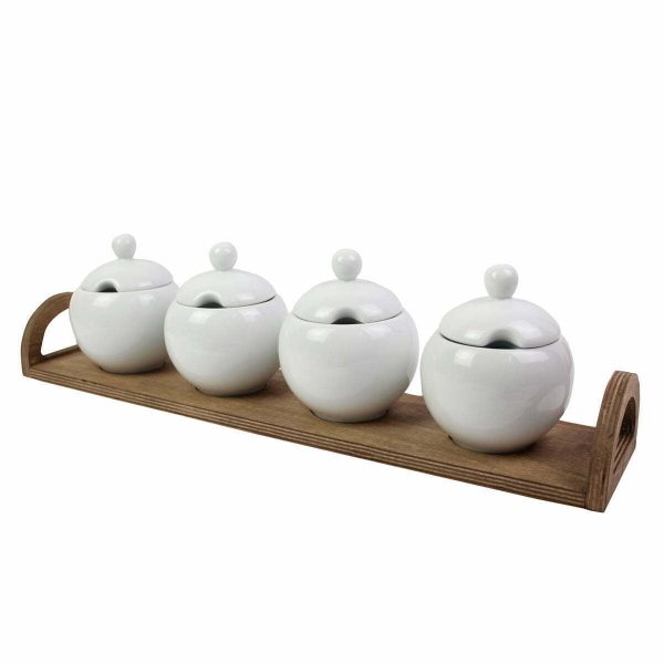Kuvarz Premium Wooden Stand Porcelain 4 Pcs Spice Cup Golden Handle