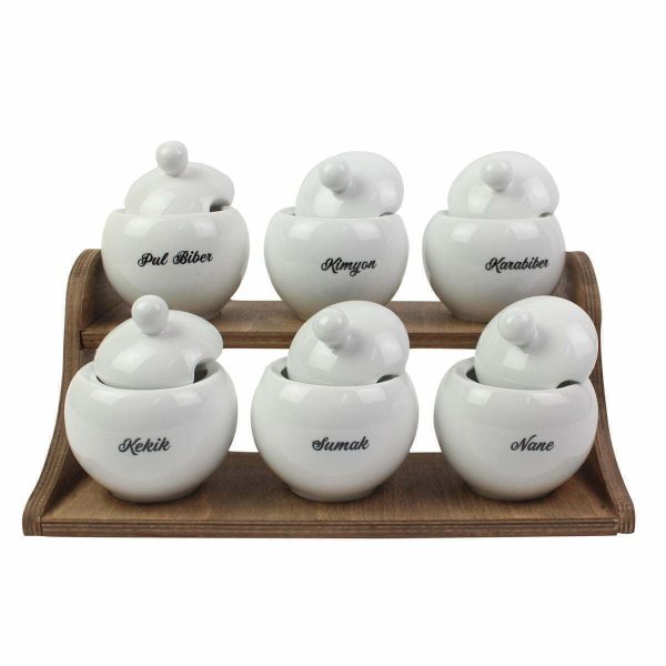 Kuvarz Premium Ahşap Standlı Porselen 6lı Baharatlık Yazılı