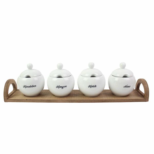 Kuvarz Premium Wooden Stand Porcelain 4 Pcs Spice Bowl Written