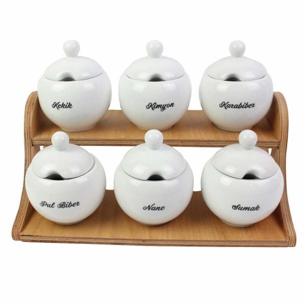 Kuvarz Premium Wooden Stand Porcelain 6 Pcs Beech Spice Cup