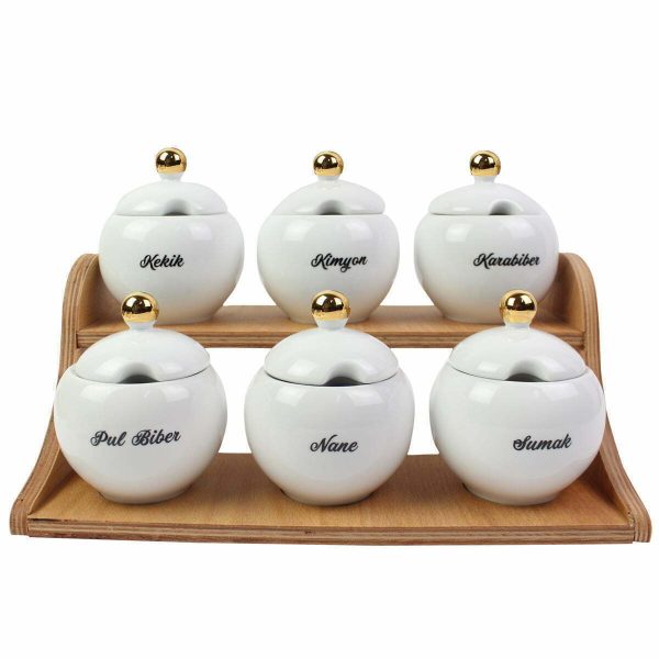 Kuvarz Premium Standlı Porselen 6lı Baharatlık Altın Kulp Yazılı