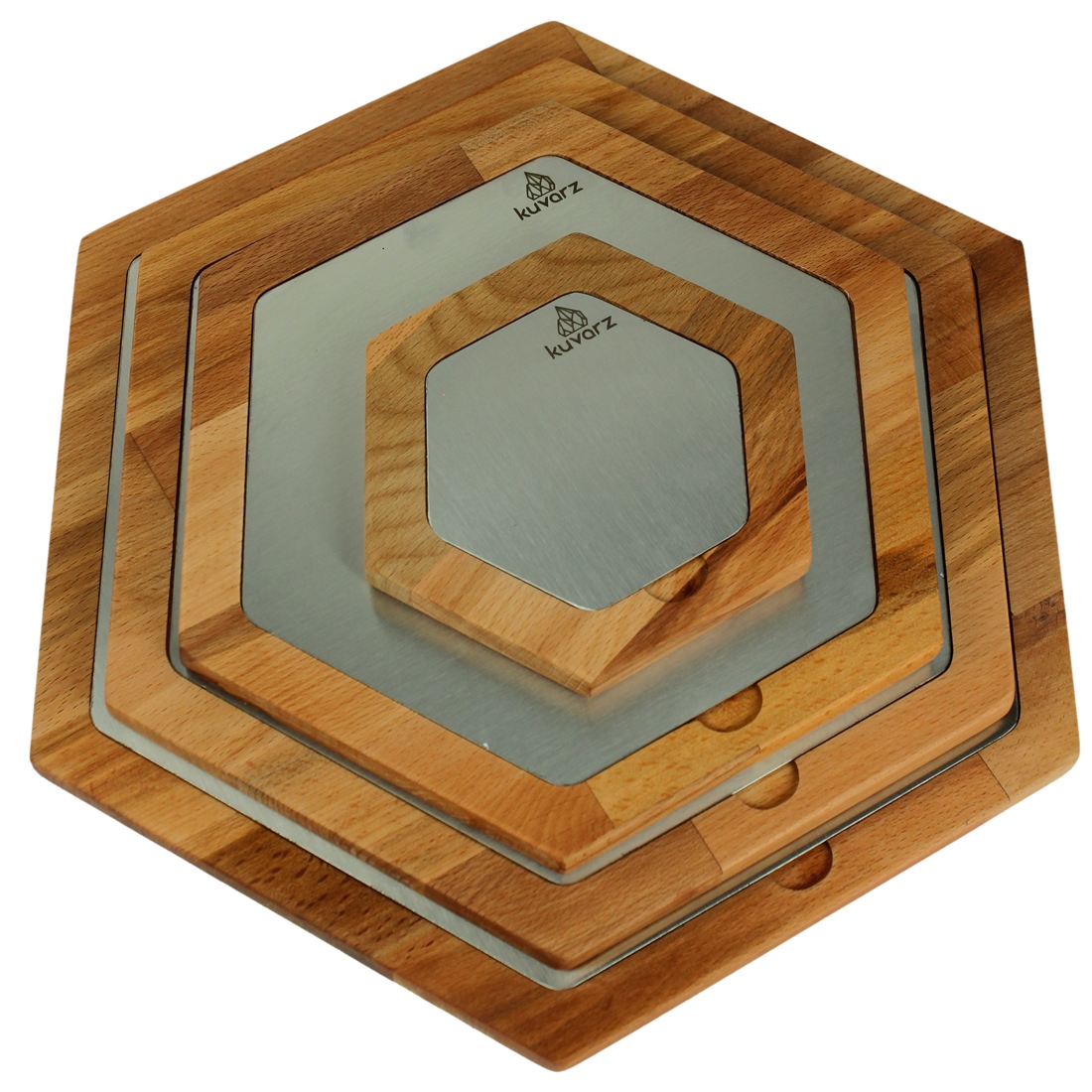 Kuvarz Altıgen Ahşap ve Çelik Sunum Tablası Kayın 39x34cm 2 Kuvarz Altıgen Ahşap ve Çelik Sunum Tablası Kayın 39x34cm - Image 2