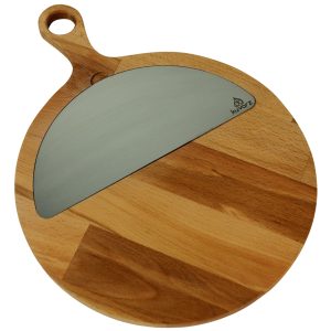 Kuvarz Kulplu Pizza Ahşap ve Çelik Sunum Tablası Kayın 30cm