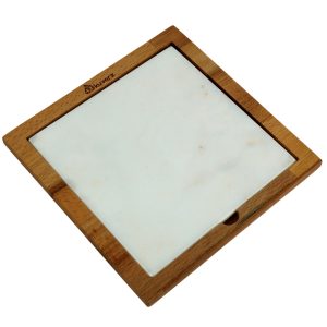 Kuvarz Kare Ahşap ve Mermer Sunum Tablası Kayın 24x24cm