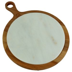 Kuvarz Daire Kulplu Ahşap Mermer Sunum Tablası Kayın 34cm