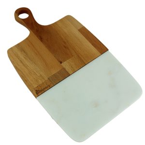 Kuvarz Kulplu Ahşap ve Mermer Sunum Tablası Kayın 41x23cm