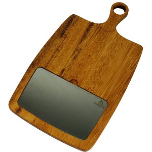 Kuvarz Asimetrik Kulplu Ahşap Çelik Sunum Tablası Iroko 41x23cm