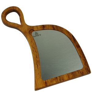 Kuvarz İkizler Kulplu Ahşap ve Çelik Sunum Tablası Iroko 30x22cm