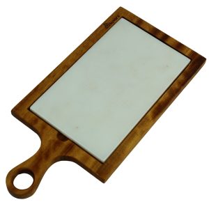 Kuvarz Kulplu Ahşap ve Mermer Sunum Tablası Iroko 39x19cm